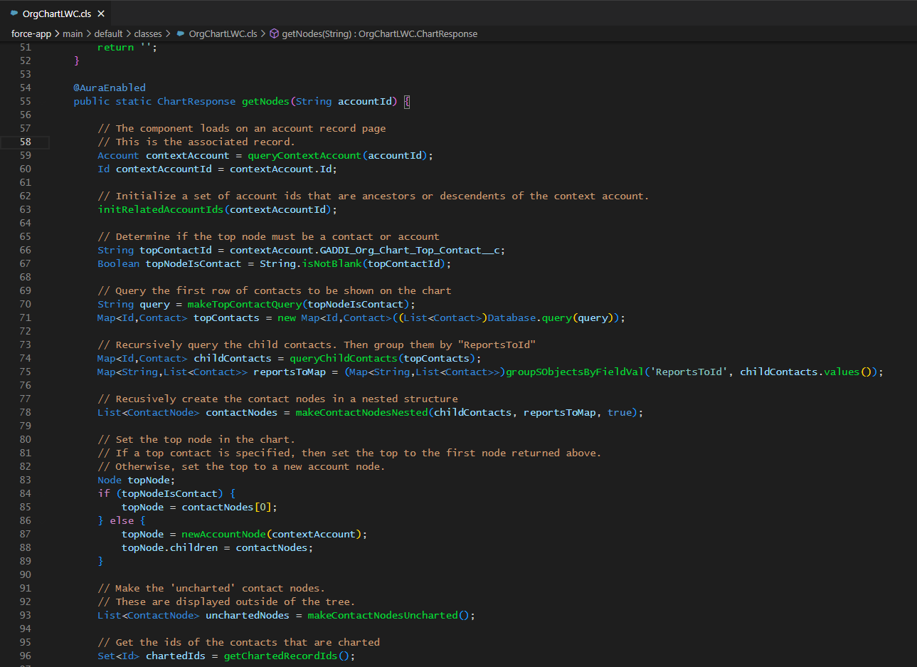 Backend code screenshot for the contact visualization