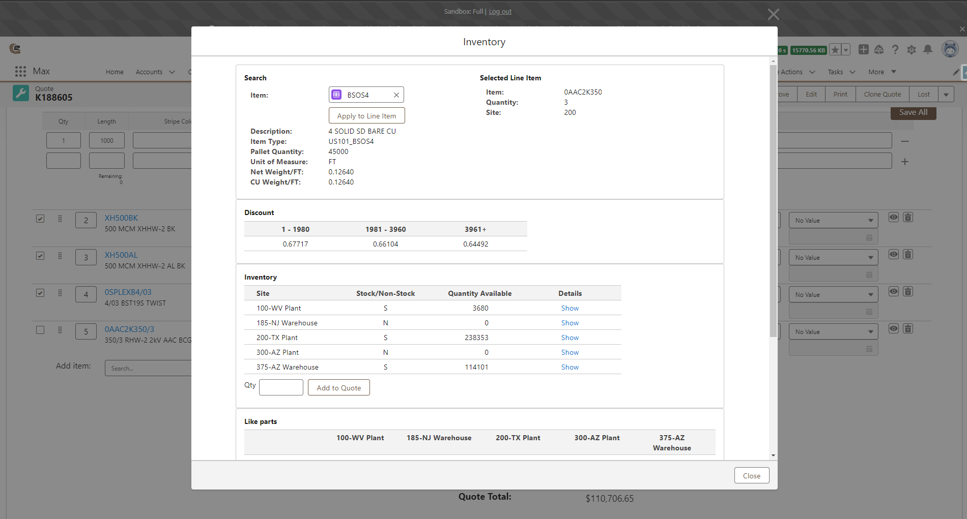 Inventory and pricing detail screenshot from the quote builder