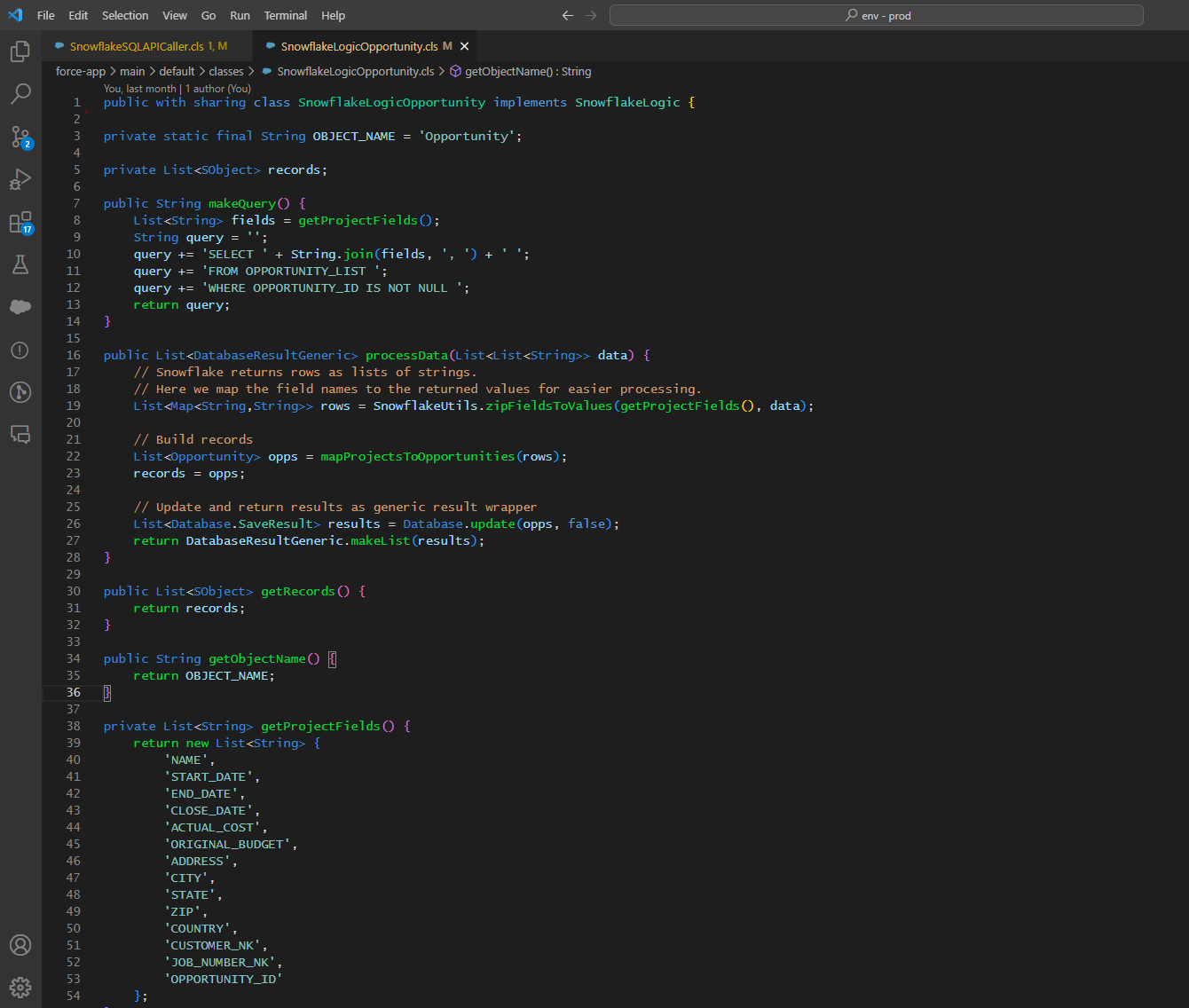 Code screenshot for the Snowflake integration